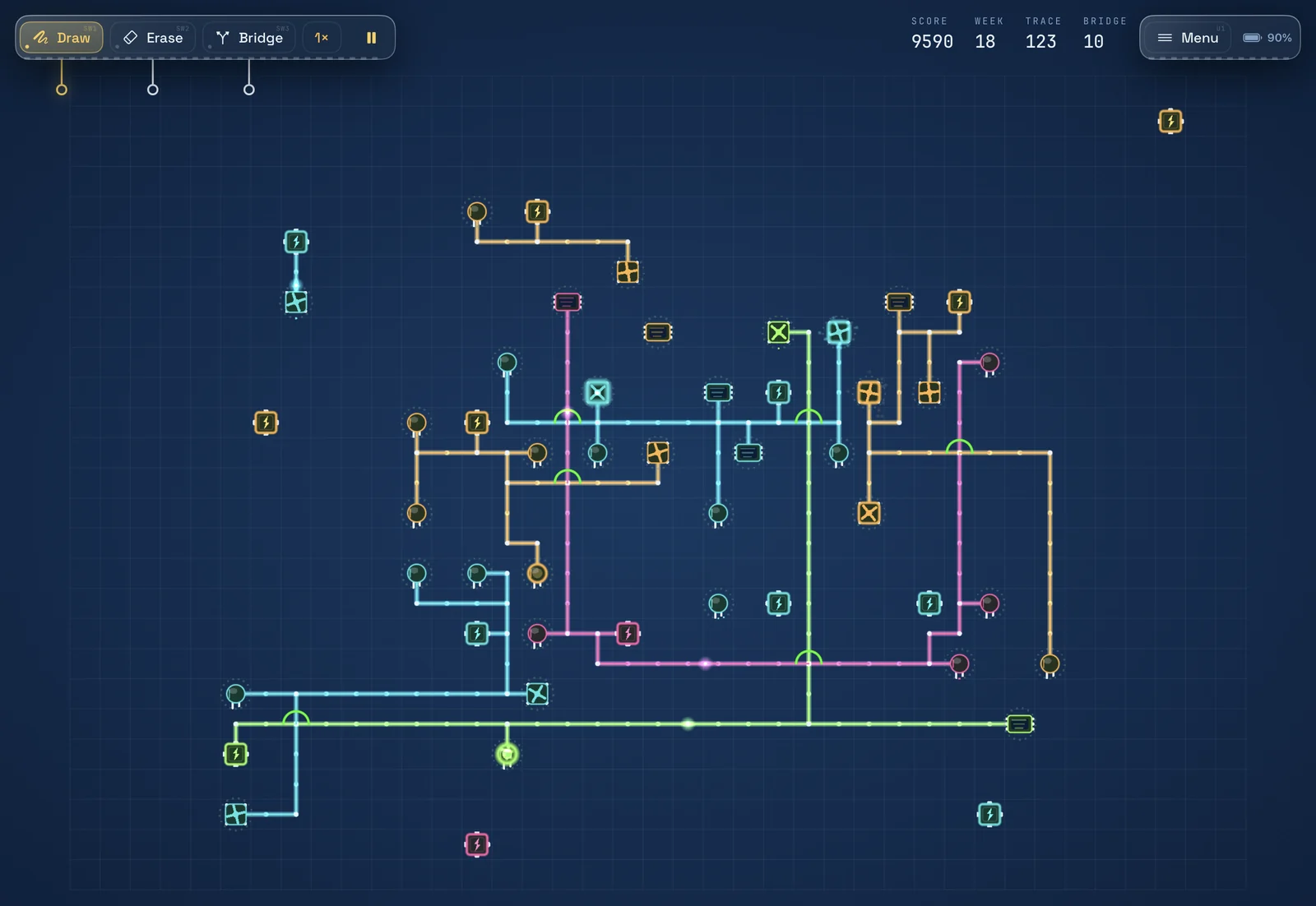 The same board in the Blueprint finish: drafting blue under a ruled grid, traces drawn as flat white ink.